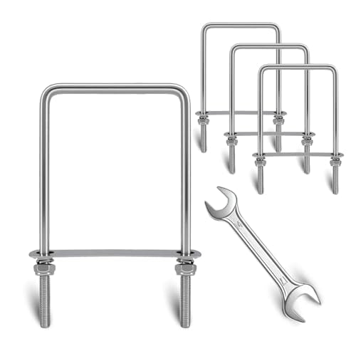 4 Sets Square U Bolts 4-1/16 inch Wide, Sunxer Tool Stainless Steel U Clamp with Nyloc Nuts Washers and Plates for Pipe Beam Trailer (M10 x 102mm x 200mm) M10 x 102mm x 200mm