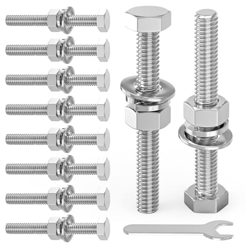 10PCS 3/8-16" x 4" 304 Stainless Steel Fully Threads Bolt, Hex Head Bolts with Nut Spacer and Spanner