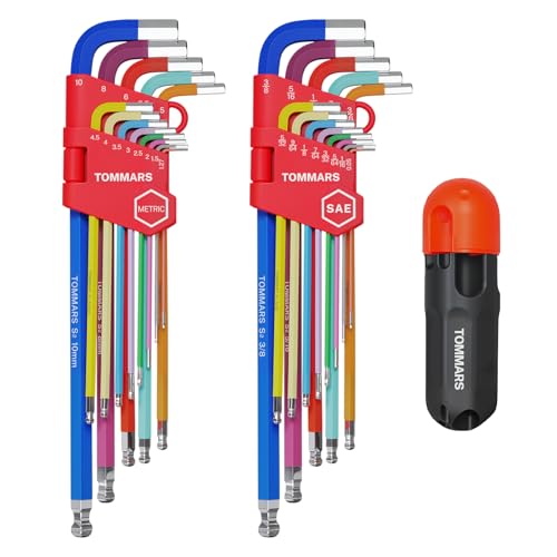 TOMMARS 26-PC Allen Wrench Set, Magnetic Ball End, T-Handle & Color Coded 26-PC Metric & SAE