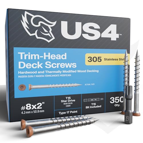 US4 - #8 x 2 Cedar Stainless Steel Trim Head Screws | Self-Drilling Screws for Decking, Flooring & Siding | T15 Star Drive | 305 Stainless Steel (350, #8 x 2 Inches) 350 #8 x 2"