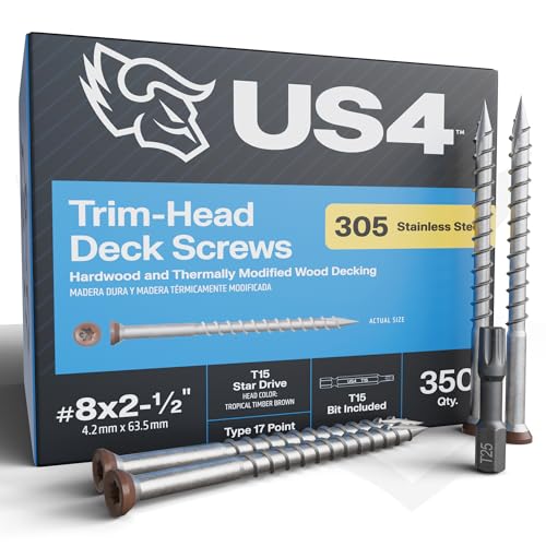 US4 - #8 x 2-1/2" - Tropical Timber Brown Wood Screws | 305 Stainless Steel | Trim Head T15 Star Drive | Rust & Corrosion-Resistant | Outdoor Decking Screws (350, #8x2.5-2.5Inches) 350 #8 x 2-1/2"