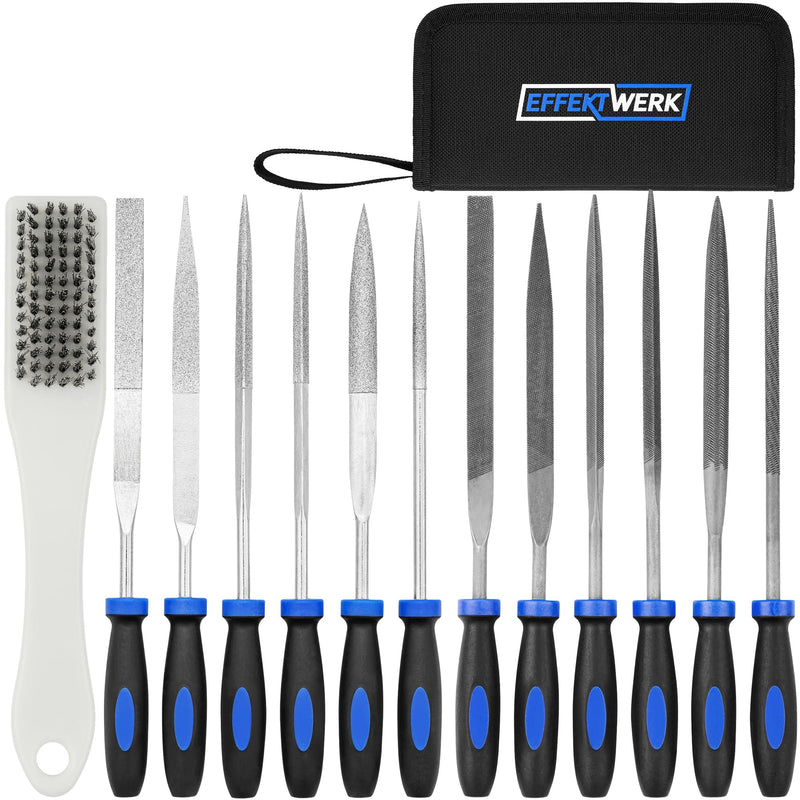 Needle File Set - 12 Pieces for Wood, Metal, Plastic - 160 x 4 mm - Round, Half-Round, Square, Triangle, Flat and Key Files - Cleaning Brush + Tool Bag