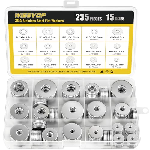 235Pcs Fender Washers, 304 Stainless Steel Flat Washers Assortment Kit, 15 Different Sizes M3 M4 M5 M6 M8 M10 M12 Metal Washers for Screws Bolts Hardware for Various Home Industrial Automotive 15 Sizes 235 Pieces