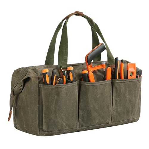 Heavy Duty 18-Inch Tool Bag for men, 12 Pockets, Large Zippered Tool Organizer, Portable Empty Toolbox for Mechanics, Electricians, DIY – Durable Soft Handle, Ideal Father’s Day or Birthday Gift Army Green