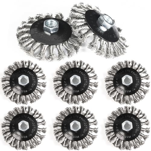 8 Pack 4 Inch Stainless Steel Wire Wheels for 4 1/2 Angle Grinder, Twist Knotted Wire Wheel Brush with 5/8" Thread Arbor for Removing Rust 8 Pcs 4" Wheel Brush