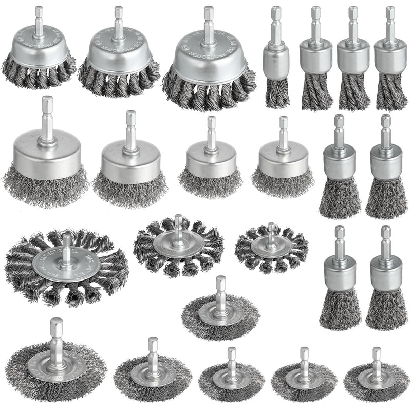 24 Pcs Wire Wheel Brush for Drill, Heavy Duty Drill Wire Brush Set, 1/4'' Hex Shank Wire Brush Drill Attachments Coarse Carbon Steel Crimped, Great for Cleaning Rust, Paint, Abrasive 24pcs(Twisted & Carbon Steel Wire)