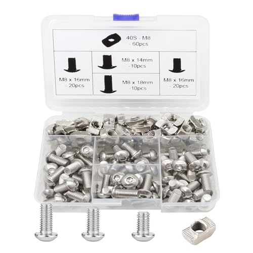 120Pcs 4040 Aluminum Extrusion Hardware Kit - M8 T Slot Nuts & Bolts 10Pcs M8x14, 40 M8x16, 10 M8x18, 60Pcs 40 Series M8 Drop-in T Nuts, Compatible with 4040 4080 Extrusion Accessories 40 Series Type Silver