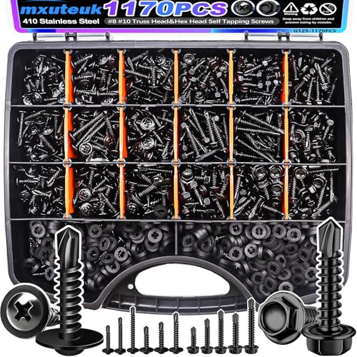 mxuteuk #8 Self Tapping Screws+#8#10 Self Tapping Screws for Metal,410 Stainless Steel Self Drilling Screws,Truss Head & Hex Head 1/2" to1-1/4'' Self Tapping Screw