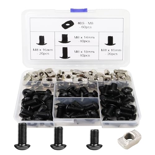 120Pcs 4040 Aluminum Extrusion Hardware Black Kit - M8 T Slot Nuts & Bolts 10Pcs M8x14, 40 M8x16, 10 M8x18, 60Pcs 40 Series M8 Drop-in T Nuts, Compatible with 4040 4080 Extrusion Accessories 40 Series Type Black