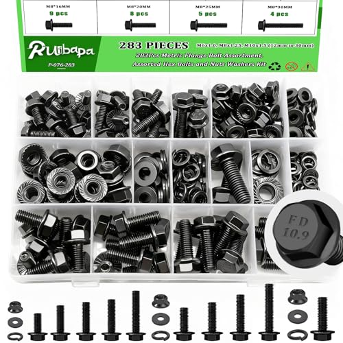 283Pcs Metric Flange Bolt Assortment,M6x1.0,M8x1.25, M10x1.5 (12mm to 30mm) Bolts and Nuts Assortment,10.9 Black Zinc Galvanized,Bolt Kit 283Pcs Flange Bolt Assortment Kit
