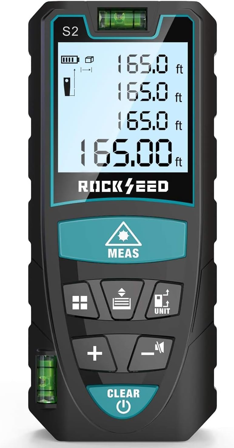 Laser Measure 50M/165ft,RockSeed Digital Laser Distance Meter with 2 Bubble Levels,Portable M/in/Ft Unit Switching Backlit LCD and Measuring Distance/Area/Volume/Pythagorean Red Laser 165FT