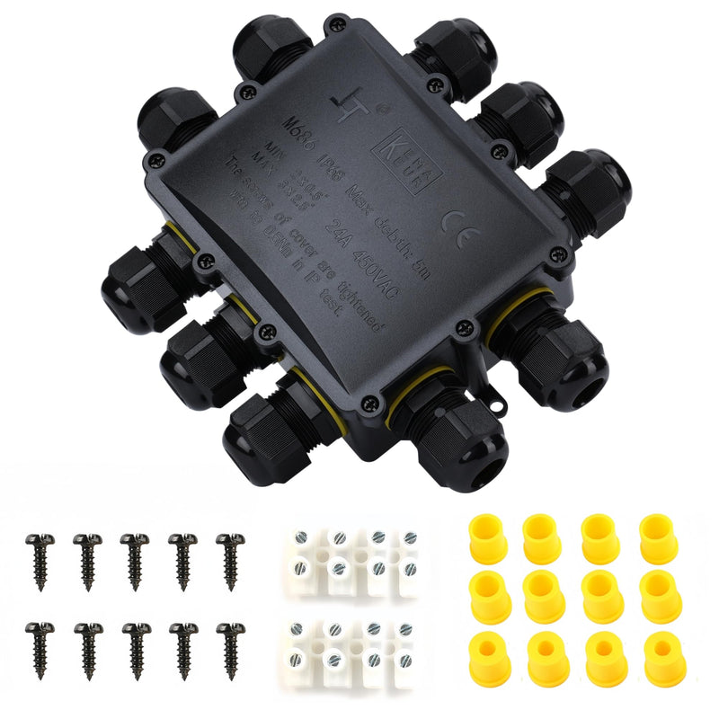 Waterproof Junction Box - IP68 10 Way M25 Large Outdoor Electrical Box for 4-14mm Cables, Heavy Duty Multi Wire Connector for Garden Underground and Exterior Power Wiring black 10-Way O-Shaped Waterproof Box