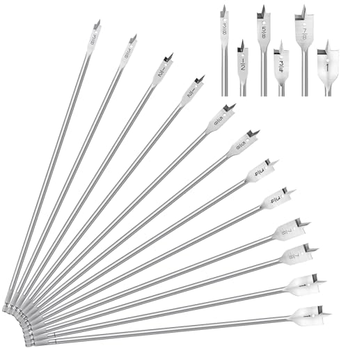 Treela 12 Pcs 16" Extra Long Spade Drill Bit Set,Wood Paddle Flat Drill Bit 3/8, 1/2, 5/8, 3/4, 7/8, 1 Inch