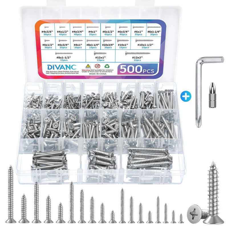 500Pcs 304 Stainless Steel Wood Screws Assortment Kit,#4#6#8#10#12 Assorted Screws,Phillips Drive Flat Head Sheet Metal Screw Self Tapping Screws Set, Length 3/8" to 2" (Silver-Flat Head 500PCS) Silver-Flat Head 500PCS