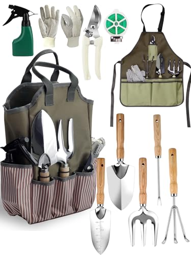 Garden Tools Set – 11-PCs Heavy Duty Gardening Kit, Stainless Steel Tools with Wooden Handles, Canvas Tote Bag, Gloves & Watering Can – Gardening Tools Gift for Women, Beginners, Patio & Backyard Use