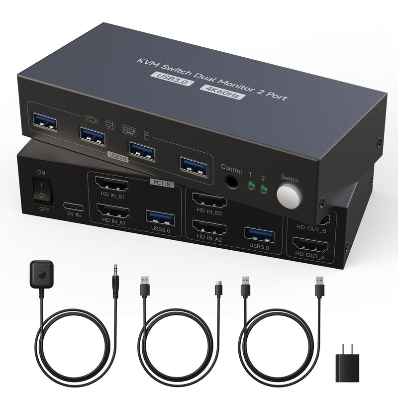 HDMI KVM Switch 2 Monitors 2 Computers 4K60Hz with 4 USB 3.0 Dual Monitor for Dual PC or Laptops Share 1 Set of Keyboard Mouse Printer with EDID Adaptive, 2*USB Cables, 1*Power Adapter and Controller
