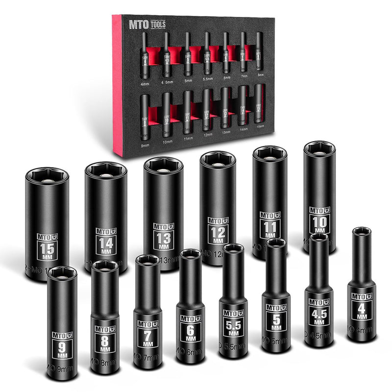 MTO 14-Piece 1/4" Drive Magnetic Deep Impact Socket Set, Metric Size (4mm-15mm) 6 Point Sockets