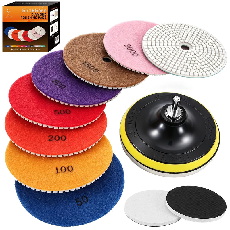 Diamond Grinding Wheel Wet 125 mm, Pack of 12 Polishing Set for Granite, Marble | Concrete & Stone, Diamond Sanding Pads for Angle Grinder, Grit 50-6000