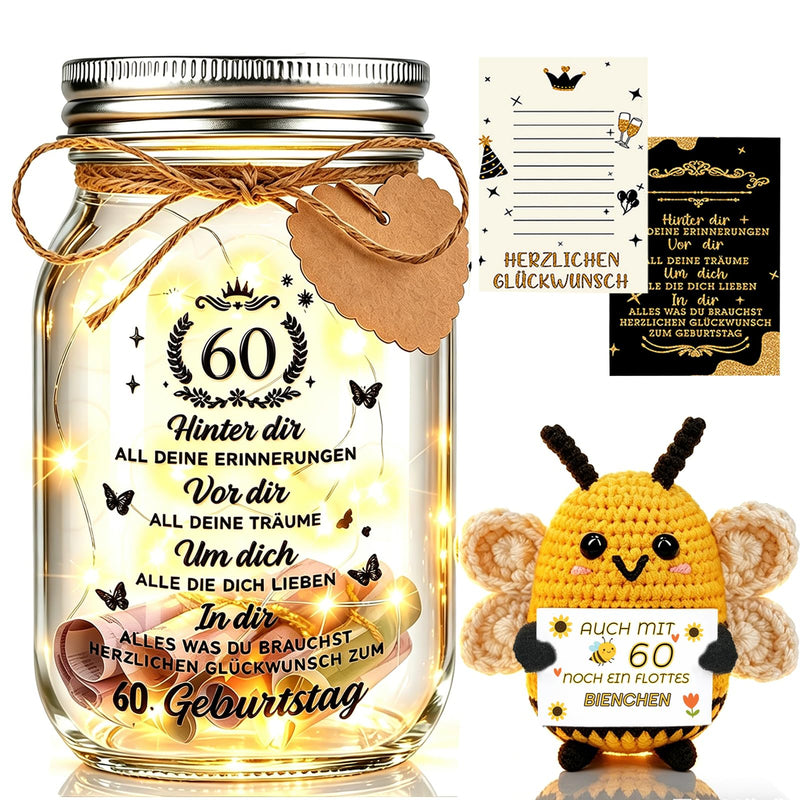 Johiux 60th Birthday Woman Man LED Bottle Light 60th Birthday Gift with Positive Potato Bee, Pocket Hug Positive Lucky Charm Bee Birthday Card Funny Money Gifts 60 Years Old