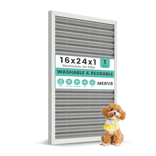 16x24x1 Reusable HVAC Furnace Air Filter, Washable Electrostatic Furnace Filter, MERV 8, Lasts a Lifetime, Breathe Fresher, Home And Office (Actual Size: 15.67x23.74x0.8 Inch) 24" x 16" x 1"
