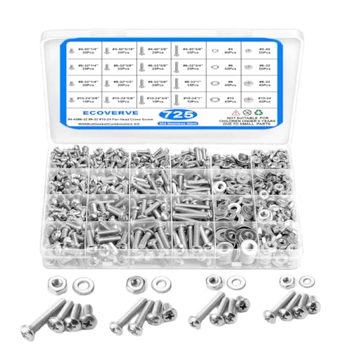 725Pcs Stainless Steel Machine Screw Assortment Kit - Phillips Pan Head #10-24, #8-32, #6-32, #4-40 with Matching Nuts, Bolts & Flat Washers in Reusable Storage Case