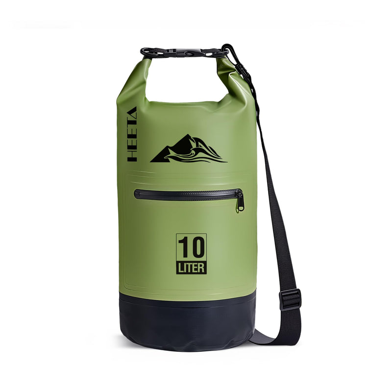 HEETA Waterproof Dry Bag with Front Zippered Pocket for Women Men, 5L/10L/20L/30L/40L Roll Top Lightweight Dry Storage Bag Backpack for Travel, Kayaking, Boating, Rafting, Camping, Hiking & Beach Green 10L