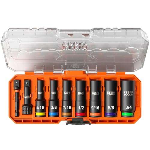 Klein Tools 65109IMPCT KNECT Deep-Well 3/8-Inch Drive Impact Socket Set, SAE, 9-Piece Tool Set with Impact Driver Adapter, Multi-Purpose Wrench Adapter, Color-Coded, MODbox Socket Organizer 9-Piece SAE Set