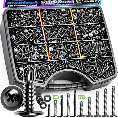 mxuteuk 1220PCS #8#10 Black Self Tapping Screws for Metal,410 Stainless Steel Self Drilling Screws,1/2" to 1-1/2" Truss Head Sheet Metal Screws for Metal,Plastic,Wood (610PCS Sets) BK 1220PCS #8 #10 Kit