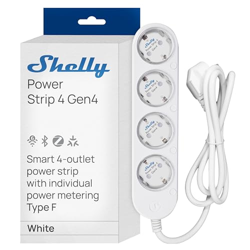 Shelly Power Strip 4 Gen4 White - Matte & WLAN Multiple Socket, 4-Way Smart Power Strip, Power Measurement, 16 A Total, 3500 W, Timer Switch, Zigbee, Google, Alexa, Apple, No Hub Required