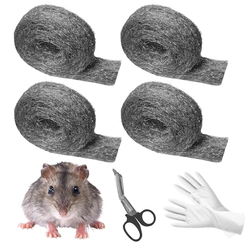 Steel Wool for Mice Control, 4 Pack of 16.5ft*3.1" Thick 0000 Steel Wool for Mouse Hole Filler Gap Blocker for House Wall Cracks Fence, Holes, Vents in Garden/Garage/House(65ft)