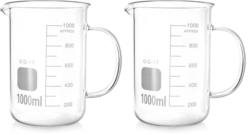 QWORK Beaker with Handle, 1000ml/33.81oz Measuring Cup, Borosilicate Glass,Beaker Mug with Pouring Spout (Pack of 2) 1000 ml (Pack of 2)