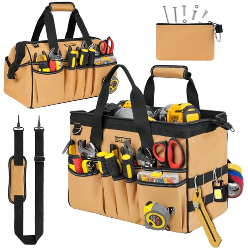 15-Inch Tool Bag,38 Pockets Tool Bags for Men,Heavy Duty Tool Box Organizer Storage,Wide Mouth Toolbag Tools Tote Carrying Case for Dad,Mechanic,Electrician,Brown,Bag Only
