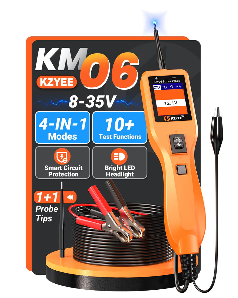 KZYEE KM06 Automotive Power Circuit Probe Tester 8-35V, All-in-One Electrical Diagnostic Tool with Component Activation, Short Circuit Finder, Wire Tracer & Trailer Light Tester for Cars, Trucks & RVs Amber Orange