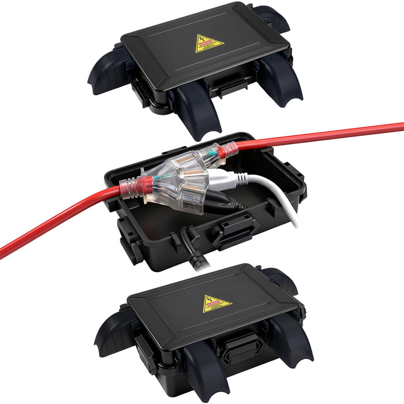 Small Outdoor Electrical Box,Waterproof Extension Cord Cover(Inner 7.3 * 5.1 * 1.6 inch) Weatherproof Connection Box w/4 Cable Entry Protect for Plug,Connector,Festive Light (2 PCS, Black) Small 2PCS