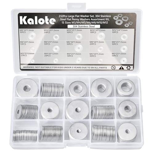 232Pcs 304 Stainless Steel Fender Flat Washers Kit, 15 Sizes M3-M12 Silver