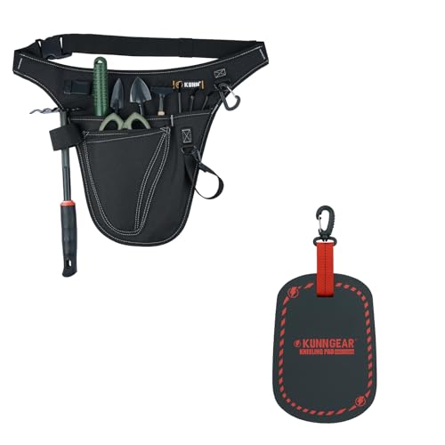KUNN Garden Tool Organizer Belt Multifunctional Work Apron Pouch for Gardeing Florist Plumbing,Black + Small Kneeling Pad 9"X6.5"X1" Mini Foam Kneeing Pad with 360°Hook