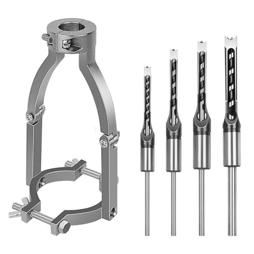 Square Hole Drill Bit Adapter with 4-Piece Square Hole Drill Bit Set, Mortise and Tenon Jig, Dual-Use Mortising Attachment for Drill Press & Hand Drill, Mortising Machine Accessory