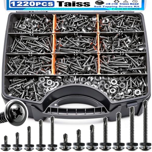 Taiss 1220PCS Self Tapping Screws for Metal,#8#10 410 Stainless Steel Black 1220PCS