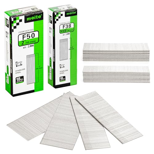 meite 18 Gauge Stainless Steel Brad Nails, 1 1/2-Inch and 2-Inch 18GA Brad Finish Nail Gun Nails for Pneumatic/Electric Brad Nailer (4,000 Counts)
