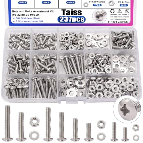 Taiss Machine Screws Nuts and Bolts Assortment Kit,304 Stainless Steel Bolts and Nuts Kit,#6-32#8-32#10-24 8 Sizes Phillips Pan Head Bolt and Nut & Washers+400PCS Metric Flange Bolt Assortment kit