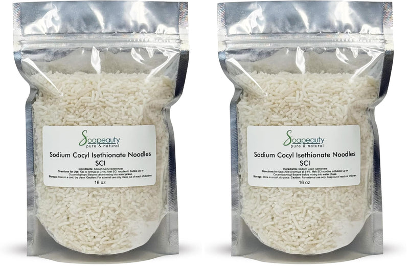 Sodium Cocoyl Isethionate Noodles by Soapeauty for Skin & Hair Care - SCI Natural Surfactant Used for Making Bubble Baths, Bath Bombs, Shampoo Bars (16 oz) (Pack of 2) 16 Ounce (Pack of 2)