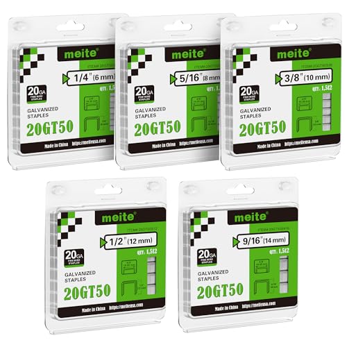 meite T50 Staples, Assorted 5 Sizes (1/4", 5/16", 3/8", 1/2" and 9/16") Staples for Staple Gun, 7,560 Counts, Galvanized, 20 Gauge 3/8" Crown, Ideal for Upholstery, Construction, Furniture, Crafts 5 Sizes (1/4" - 9/16") - 7,560 Pcs