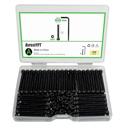 140Pcs M3 x 30mm Hex Socket Head Cap Screws Bolts, Carbon Steel, Black Oxide Finish, Allen Socket Drive, Full Threads,with Hex Spanner M3 x 30-140Pcs