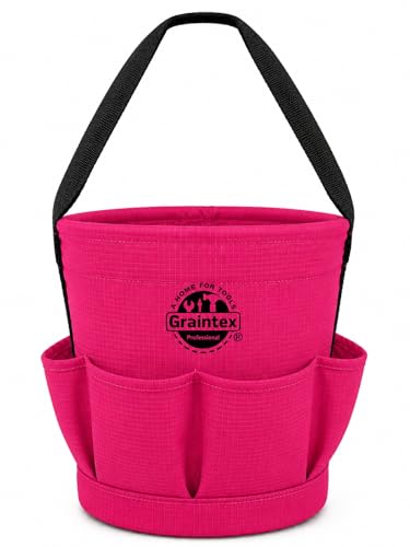 Graintex Tapered Canvas Bucket 12"x10"x15", Utility Tool Bucket 6 Pockets Outside, Reinforced Base & Carry Handle, Ripstop Canvas, Multi-Purpose Bag for Jobsite & Home Use Pink