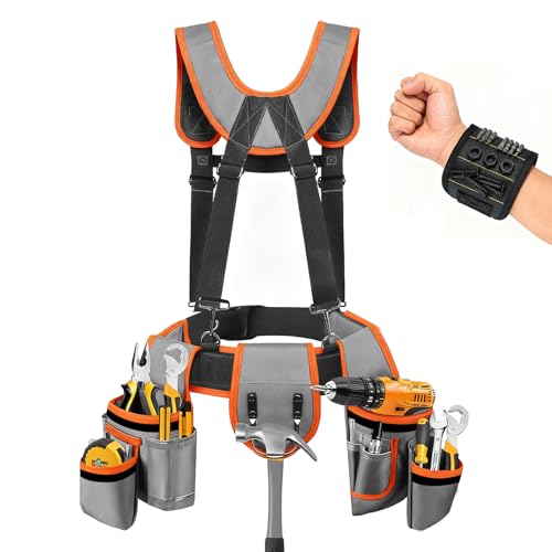 Tool Belt with Suspenders, Tool Belts for Men, Magnetic Wristband & Detachable Pouch – Heavy Duty Adjustable Belt for Electricians, Carpenters, DIY, Construction,Gift (Gray-Orange, Universal) Gray-orange