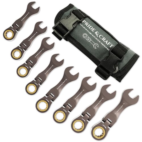 PRIDE&CRAFT 8 Piece Flex Head Stubby Ratcheting Combination Wrench Set, Metric 8-17mm, 90-Teeth, CRV, Nickel Plating with Rolling Pouch