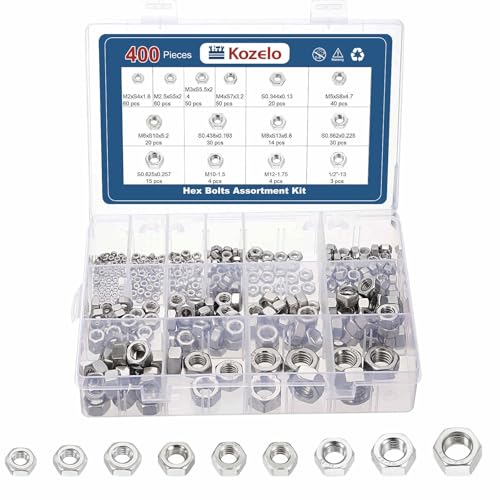 400pcs Hex Nuts Assortment Kit 304SS Hardware Nut Set Silver 1/4"/5/16"/3/8"/1/2",#8,M2-M12 400