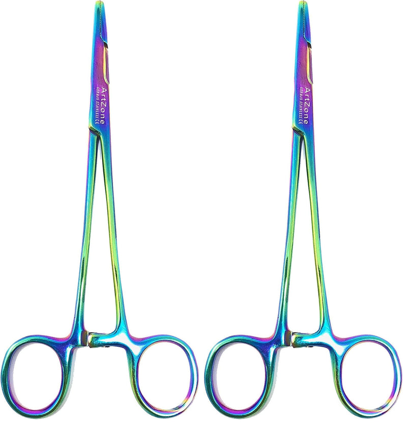 Hemostats Clamp with Scissors 6.5" Premium Stainless Steel with Multi Color Rainbow Titanium Coating by Artzone (Pack of 2) 6.5 in. (Pack of 2)