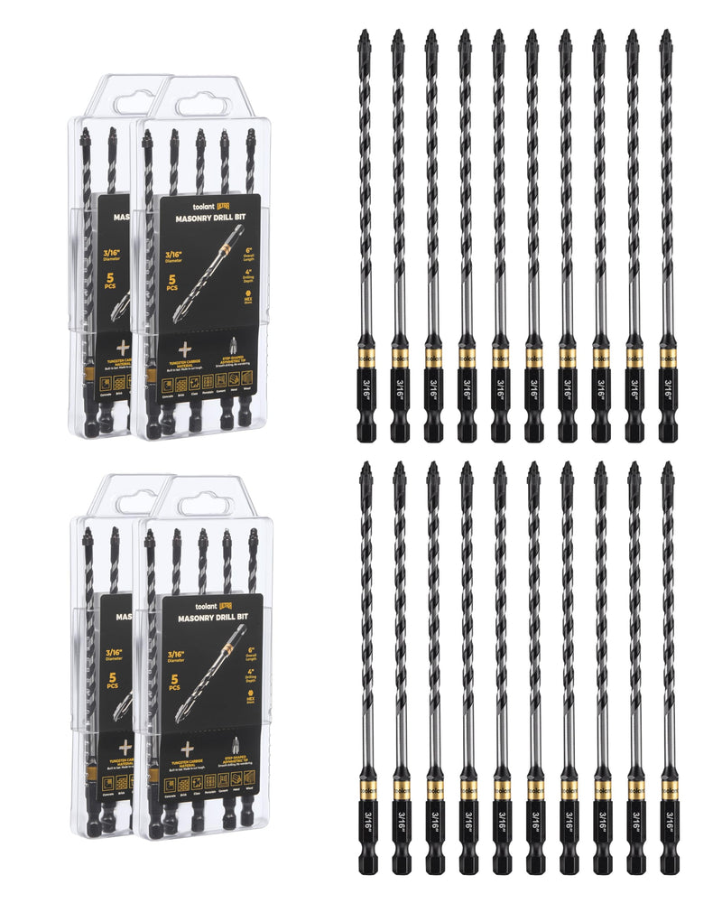 toolant 3/16" Serrated Eccentric Masonry Drill Bit Set(20pcs),Four Edge Concrete Drill Bits for Glass, Tile, Brick, Cement Concrete Plastic,Industrial Strength Carbide Drill Bit Tip 3/16"(20pcs)