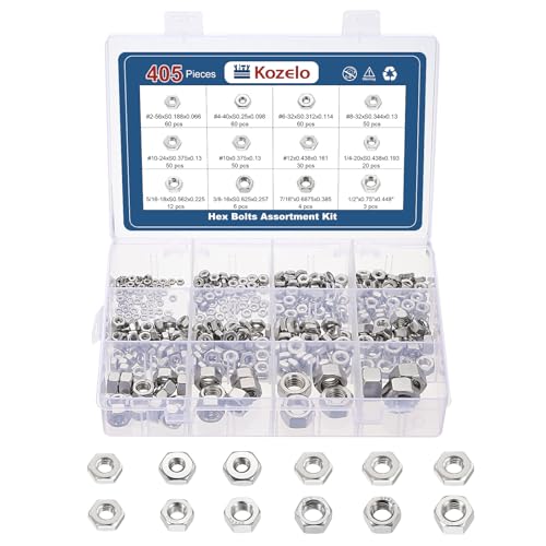 405pcs Hex Nuts Assortment Kit 304SS Hardware Nut Set Silver 1/4",5/16",3/8",7/16",1/2",#2#4#6#8#10 405